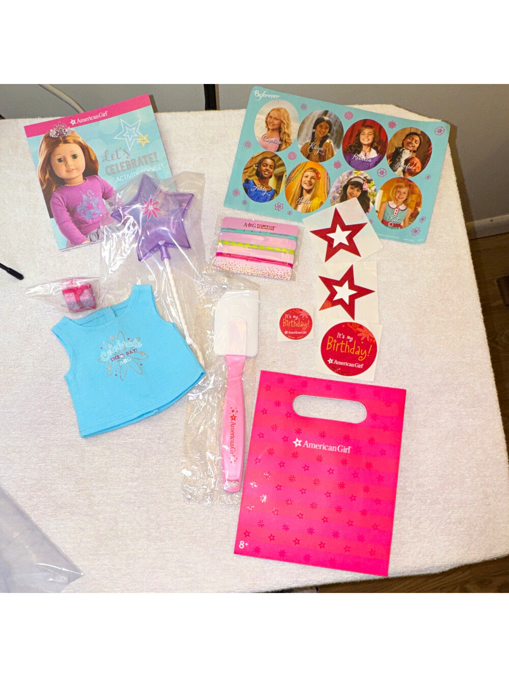 American Girl 18 in Doll Birthday Accessories Lot Top Bracelets Stickers Bag